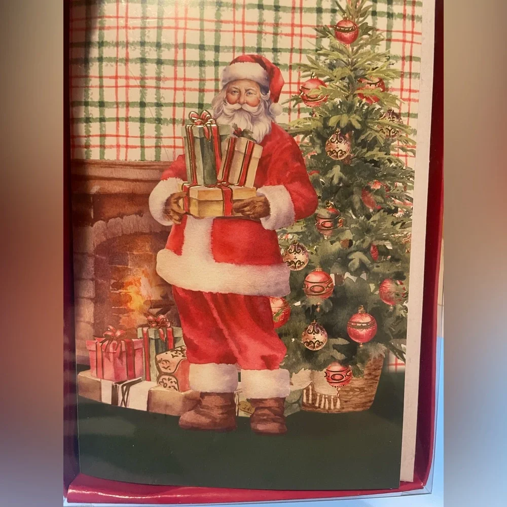 Santa Claus Christmas Card Pack with Gold Accents and Christmas Tree,Set of 10
